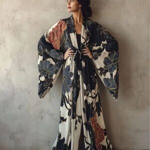 SOLD****Floral Kimono Maxi Robe in Black, Cream & Blue